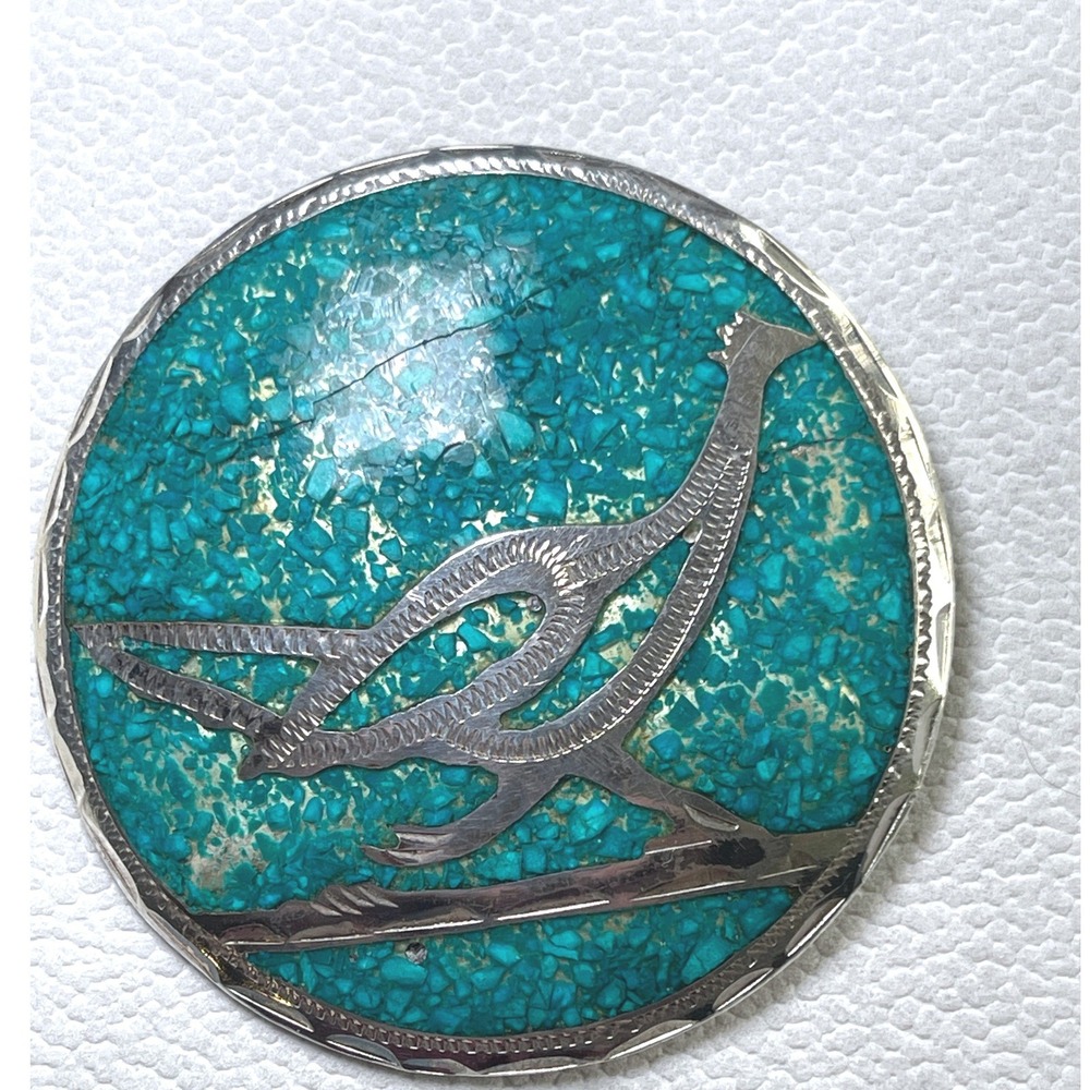 Vtg Guad Mex 925 Sterling Silver Turquoise Mosaic Bird Brooch Pin Pendant 13g